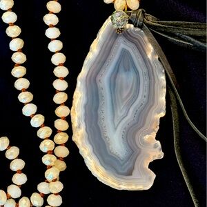 Boho Agate Slice Necklace with Leather Tassel minimalist